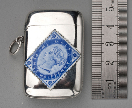 Victorian Silver and Enamel Malta Blue Stamp Vesta Case - Twopence Halfpenny
